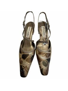 Monzo & Franco Gold Embossed Slingback Heels - Women's Sz 7.5